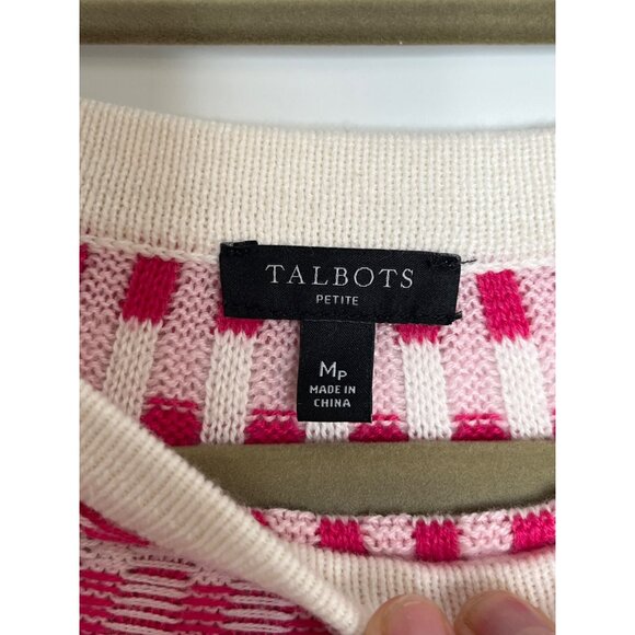Talbots Rib Yoke Crewneck Sweater Pink Gray Cotton Blend Medium‎ Petite - Picture 5 of 8